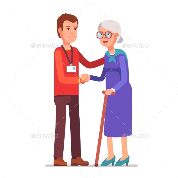 Young Man with Badge Helping an Old Lady - People Characters