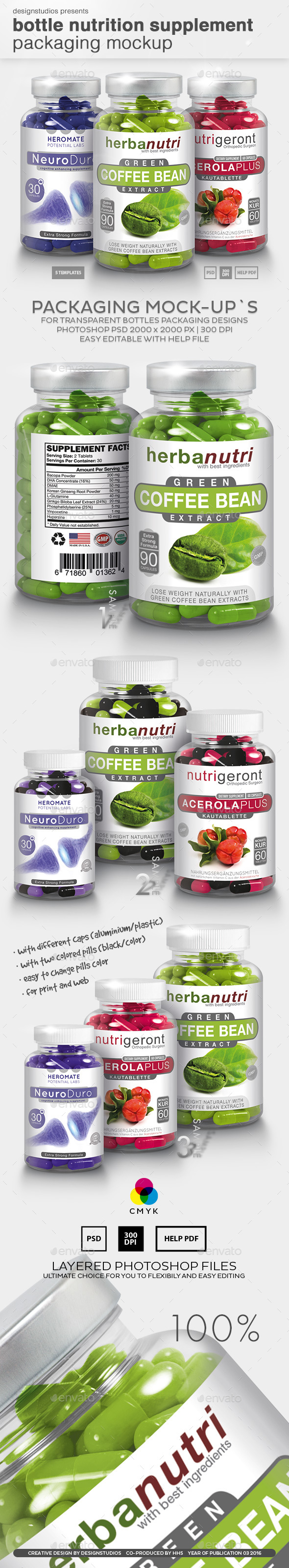 Bottle Nutrition Supplement Packaging Mock-Up - Food and Drink Packaging