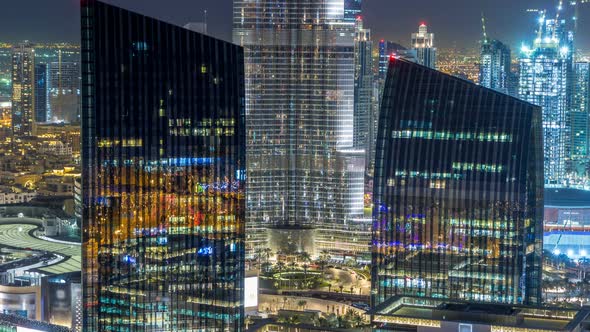 Dubai Downtown Skyline Night Timelapse with Tallest Building and Road Traffic UAE alt