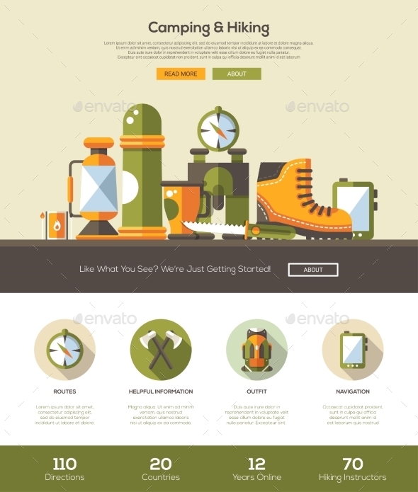Camping, Hiking Website Template With Header - Web Elements Vectors