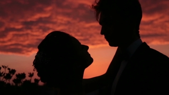 Silhouettes Of Romantic Wedding Couple Kissing 
