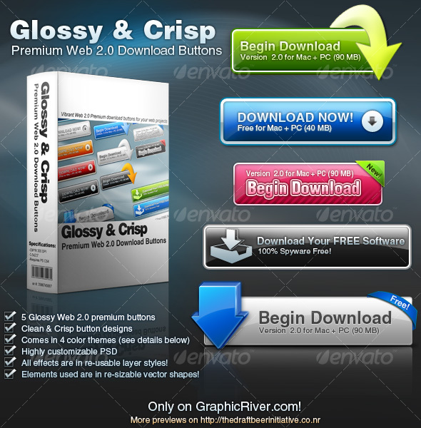 Glossy & Crisp Premium Web 2.0 Download Buttons - Buttons Web Elements