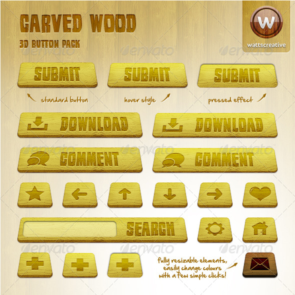 Carved Wood - 3D Button Pack - Buttons Web Elements