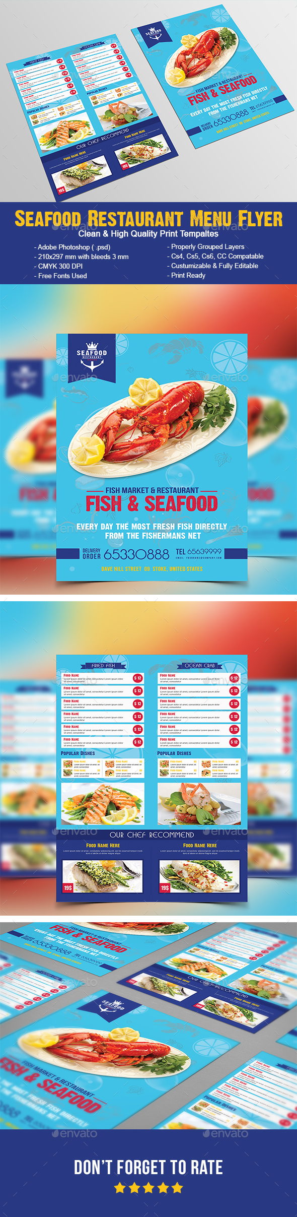 Seafood Restaurant Menu Flyer - Food Menus Print Templates