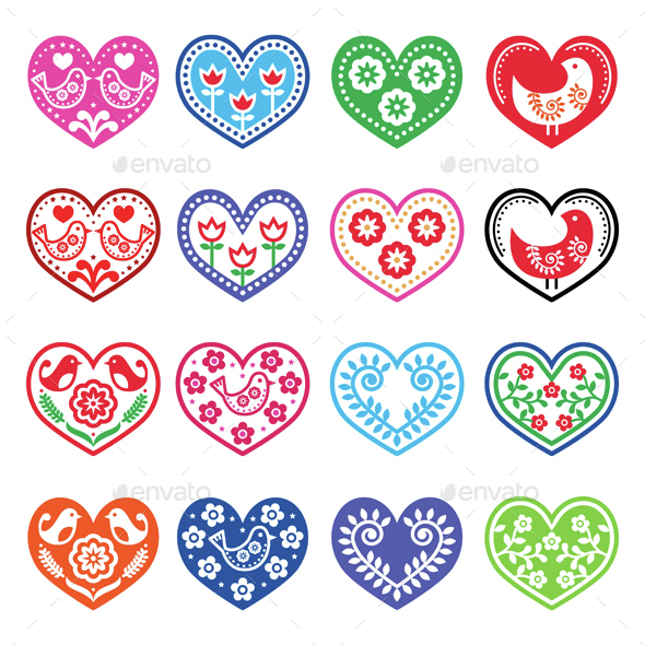 Folk Art Hearts with Flowers and Bird Icons Set - Valentines Seasons/Holidays