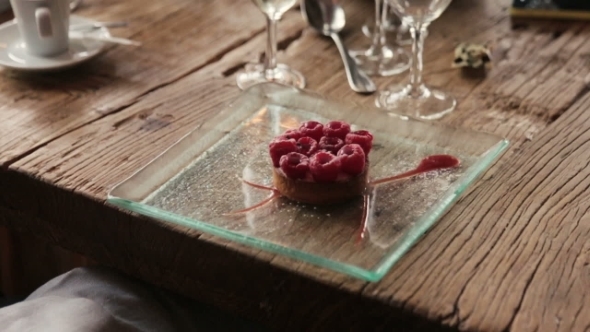 Delicious Raspberry Cake On The Wooden Table 