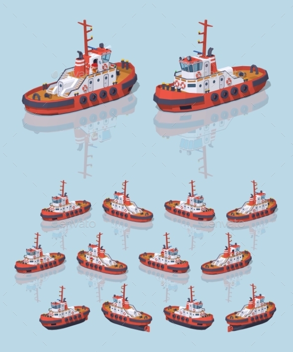 Low Poly Red and White Tugboat - Man-made Objects Objects