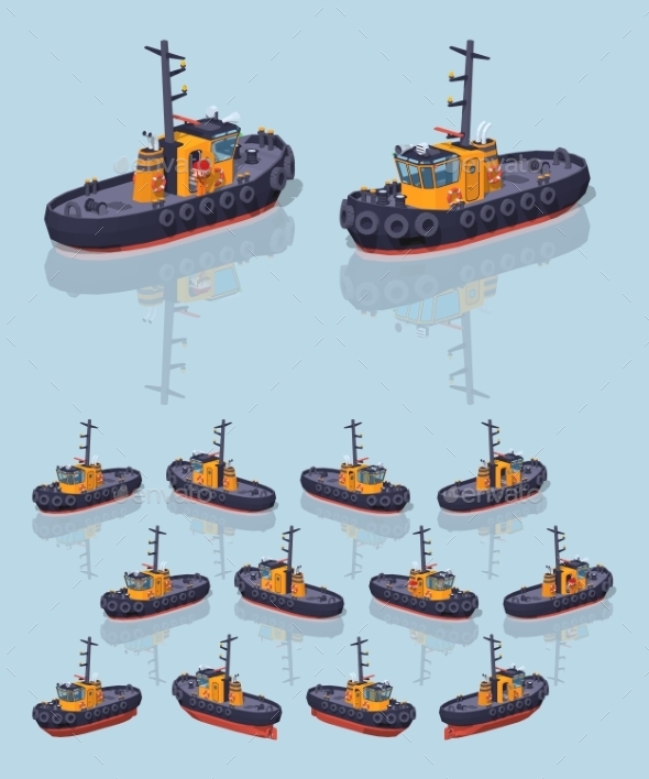 Low Poly Orange and Black Tugboat - Man-made Objects Objects