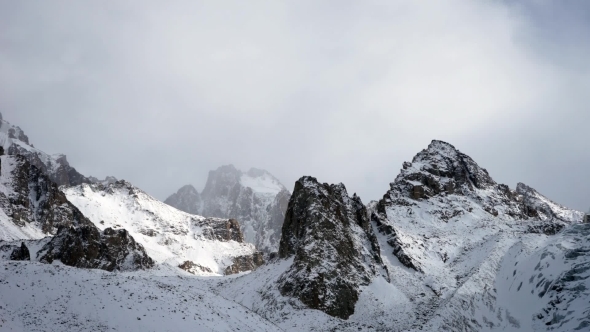 Panoramic View Of The Winter Mountains. Kyrgyzstan.Ala-Archa. 