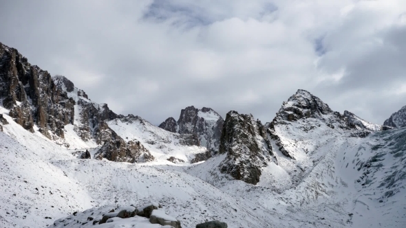 Panoramic View Of The Winter Mountains. Kyrgyzstan.Ala-Archa. 