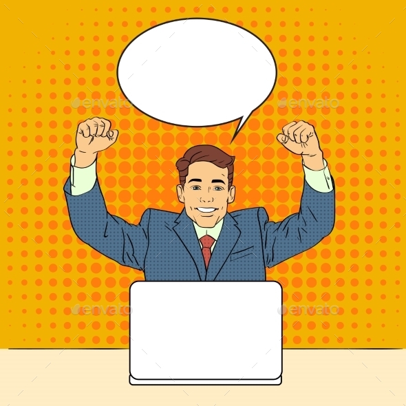 Business Man Success Celebrating with Hands Up - People Characters