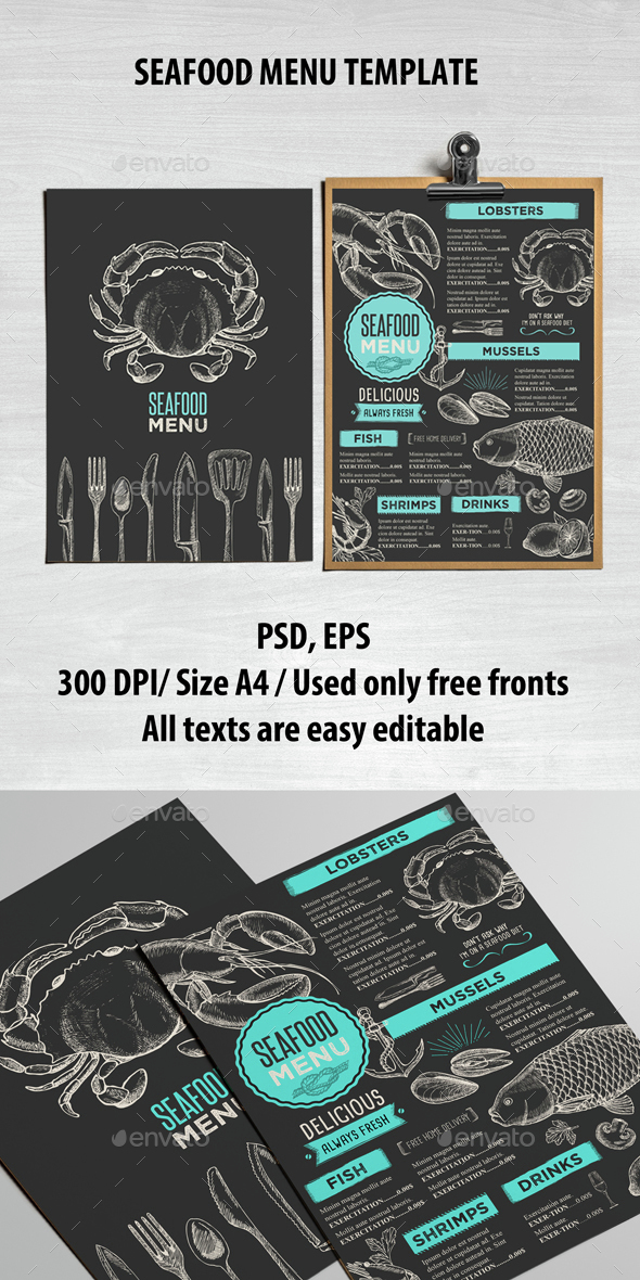 Seafood Menu Restaurant - Food Menus Print Templates