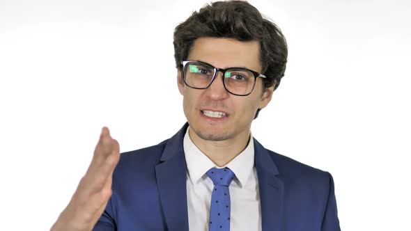 Yelling Angry Young Businessman Isolated on White Background alt