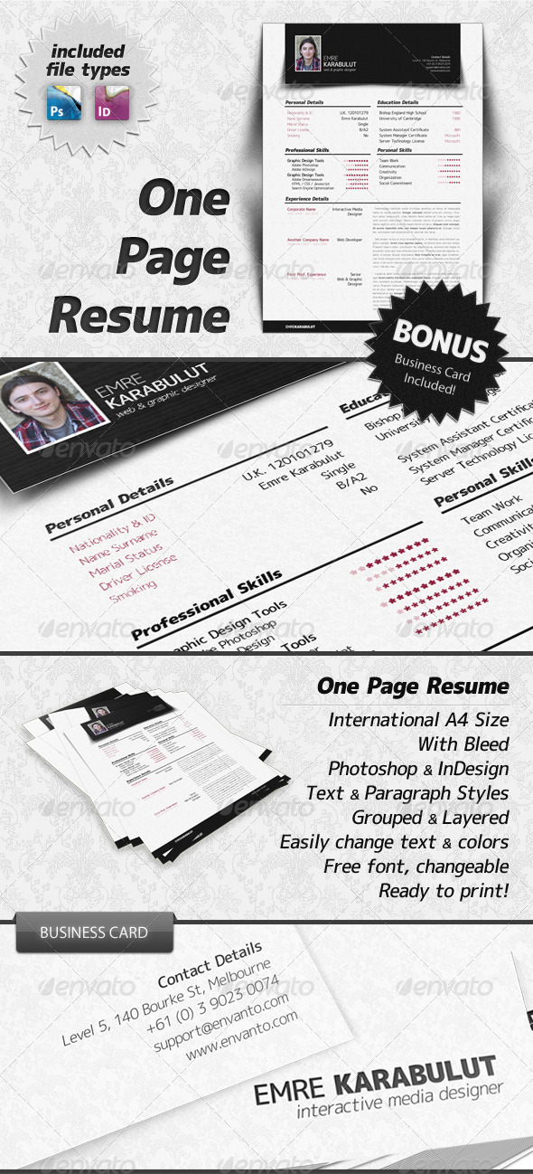 Minimalist One Page Resume (CV) - Resumes Stationery