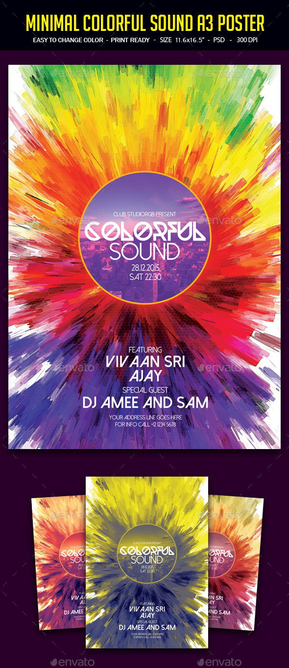 Minimal Colorful Sound A3 Poster - Clubs & Parties Events