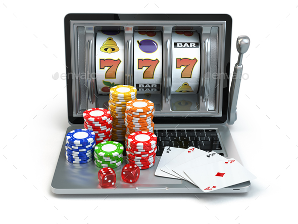 Casino online concept, gambling. Laptop slot machine with dice a - Stock Photo - Images