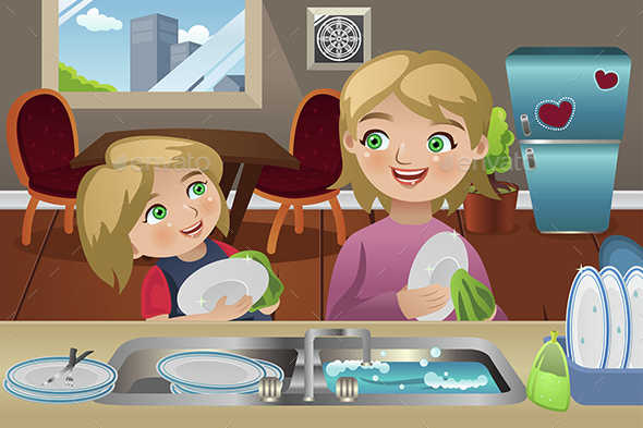 Mother Daughter Washing Dishes - People Characters