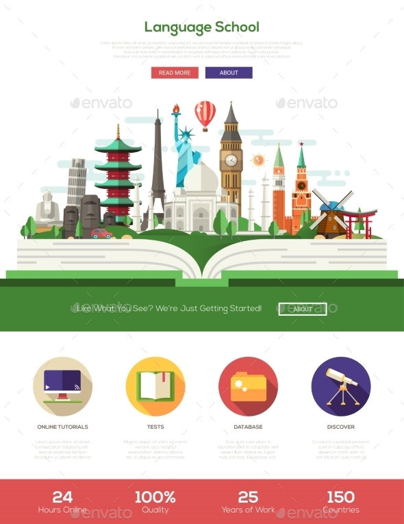 Flat Design Language School Website Header Banner - Web Elements Vectors