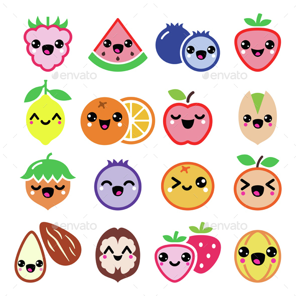 Kawaii Fruit and Nut Characters Design - Food Objects