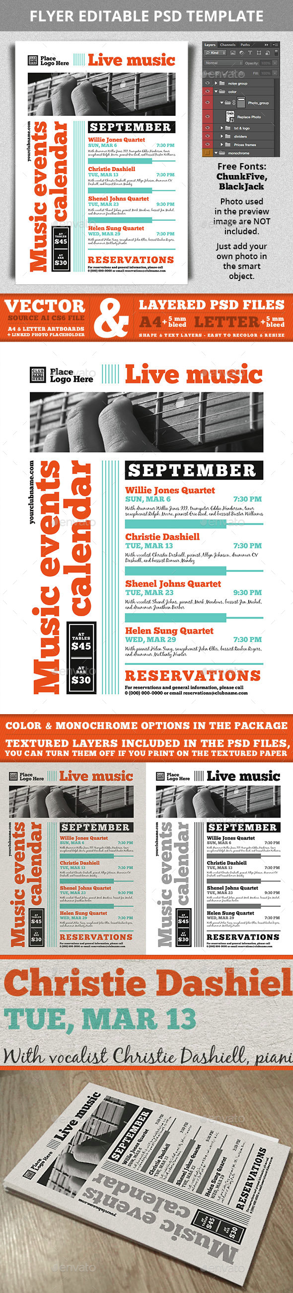 Music Events Calendar A4 Flyer Template - Events Flyers