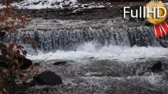 Mountain River Waterfall in Spring Forest. alt