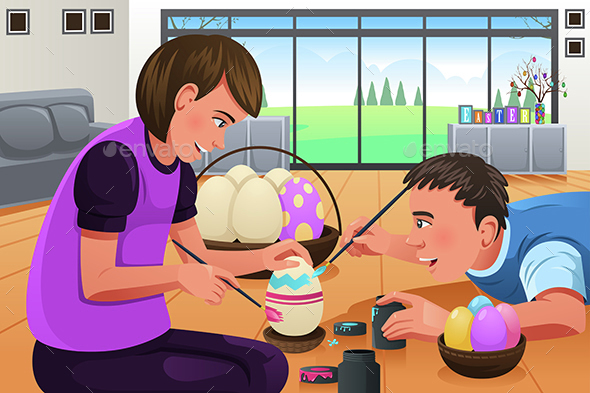 Kids Painting Easter Eggs - People Characters
