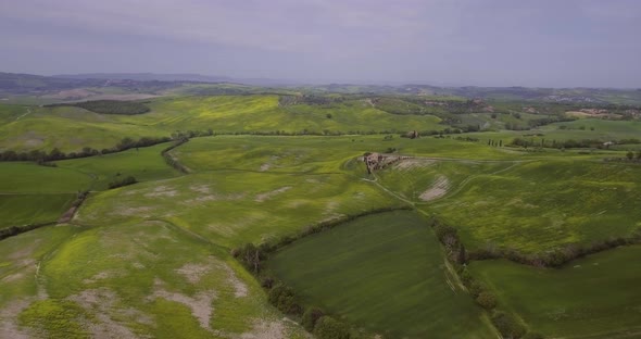 Beautiful Green Hills And Fields And Cypresses Landscape In Tuscany, Italy