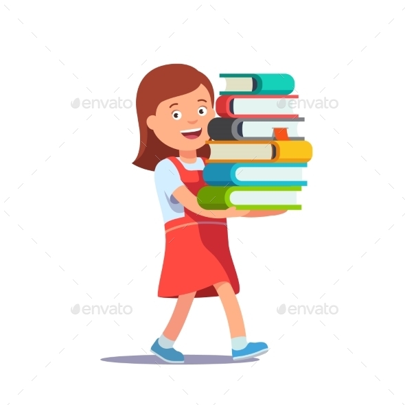 School Girl Carrying Big Pile of Books - People Characters