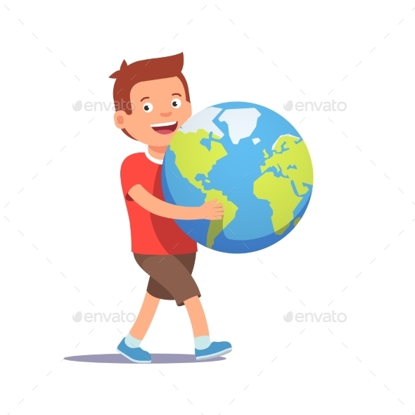 Young Boy Kid Carrying Holding Planet Earth - People Characters