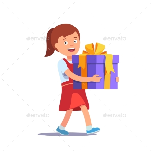 Girl Holding Big Ribbon Bow Wrapped Gift Box - Christmas Seasons/Holidays