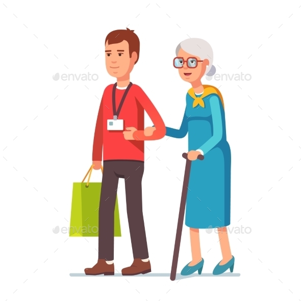 Man Social Worker Helping Elder Grey Haired Woman - People Characters