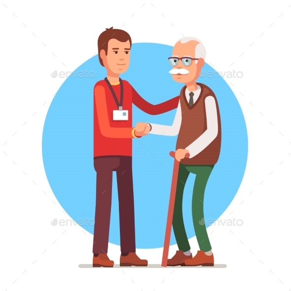 Social Worker Helping Elder Grey Haired Man - People Characters