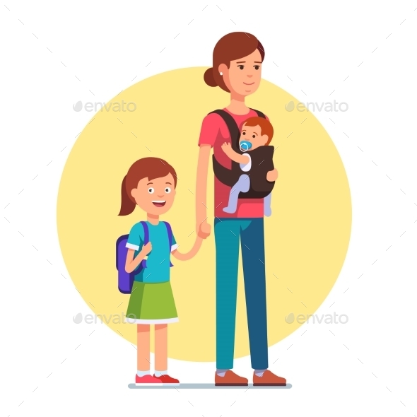 Mother with Daughter in School and Infant Baby Son - People Characters