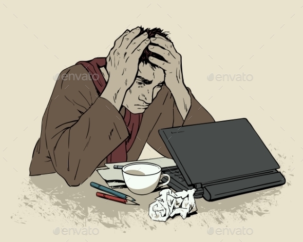 Man in Despair Sitting at a Computer with Headache - People Characters