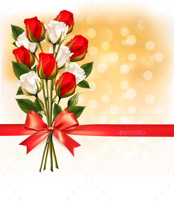 Bouquet of Red and White Roses with a Red Ribbon - Flowers & Plants Nature