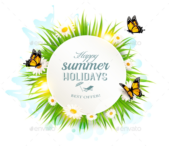 Summer Holidays Banner with Grass and Butterflies - Seasons Nature