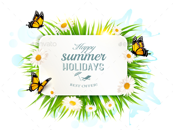 Summer Holidays Banner with Grass and Butterflies - Seasons Nature