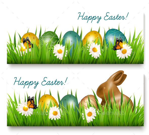 Two Happy Easter Banners with Easter Eggs - Miscellaneous Seasons/Holidays