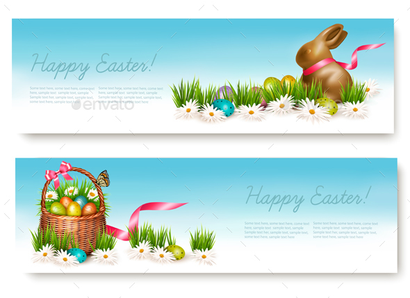 Two Happy Easter Banners with Easter Eggs - Miscellaneous Seasons/Holidays