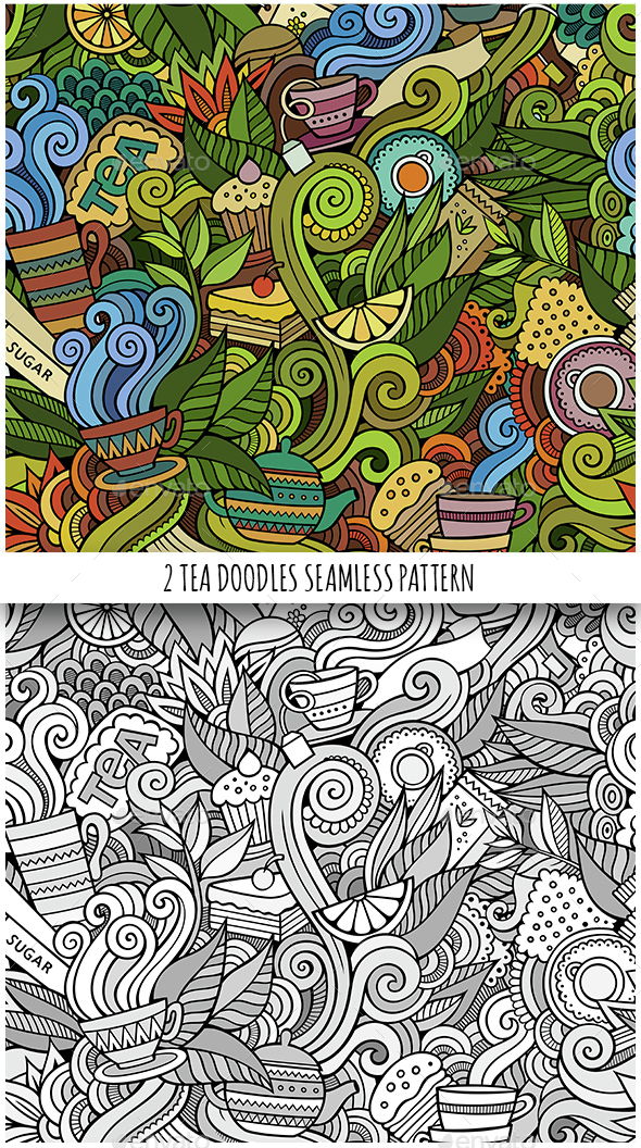 2 Tea Doodles Seamless Pattern - Food Objects