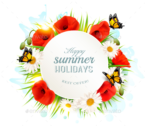 Happy Summer Holidays Background With Poppies Vector - Flowers & Plants Nature