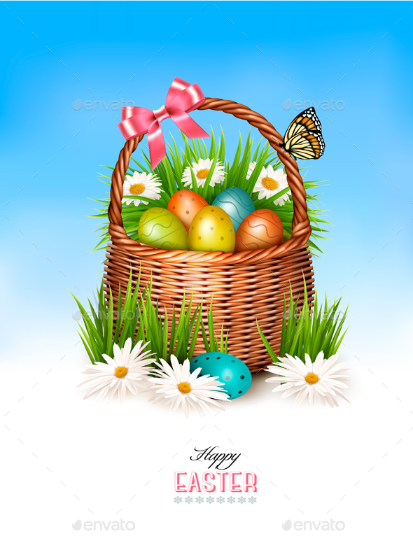 Happy Easter Background Basket with Eggs - Miscellaneous Seasons/Holidays