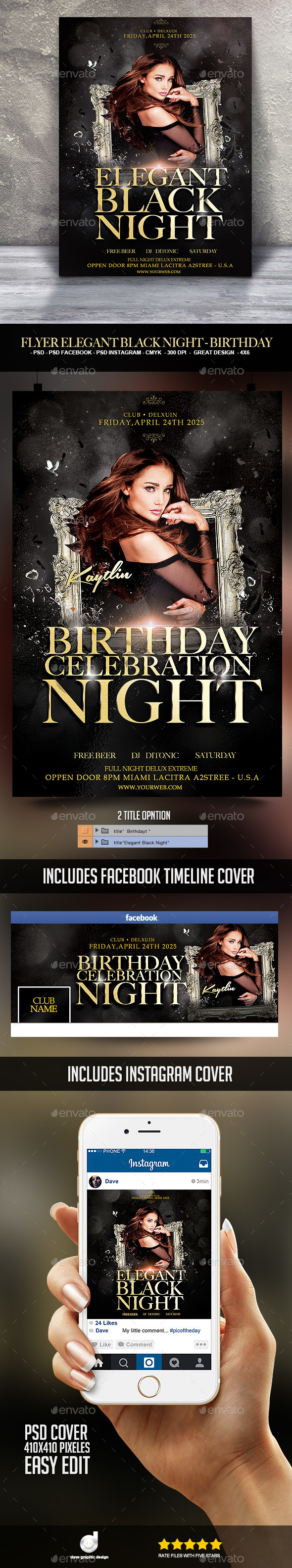 Flyer Elegant Black Night - Birthday - Clubs & Parties Events
