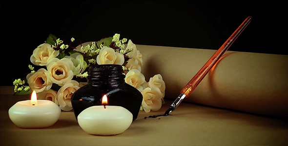 Vintage Ink Pen with Candles & Flowers on the Old Paper