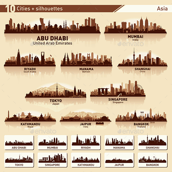 City Skyline Set Asia Silhouettes - Buildings Objects