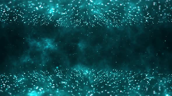 dramatic backdrop of particle formation with rays of light blue energy in the background 4k render