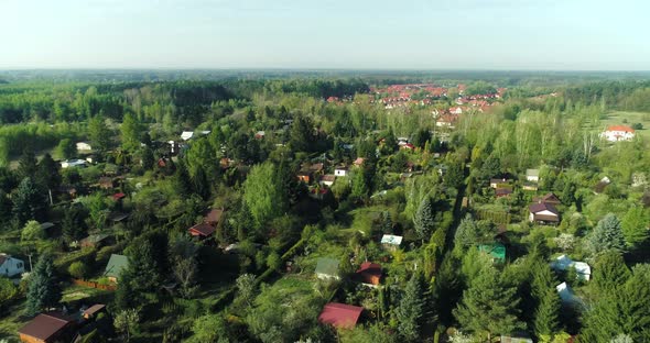 Aerial view on allotment gardens adjacent to a housing estate. alt