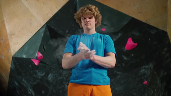 Slow Motion Climber Stands Against the Background of a Climbing Wall and Use Magnesia Before Moving alt