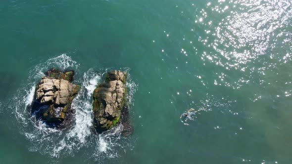 Woman in a Grey Dress and Bathing Suit Swim on a Rock alt