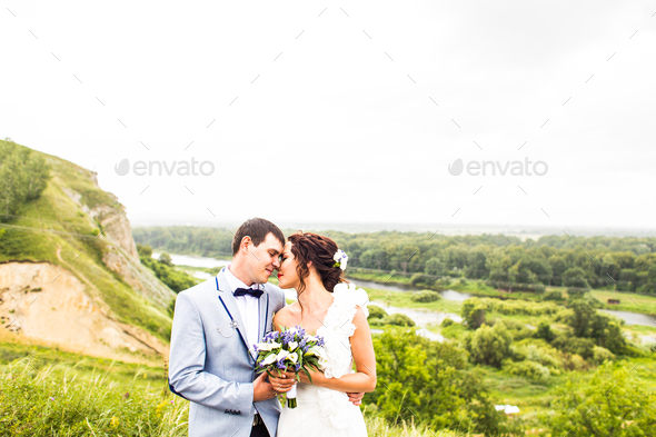 Bride and groom at wedding Day walking Outdoor - Stock Photo - Images